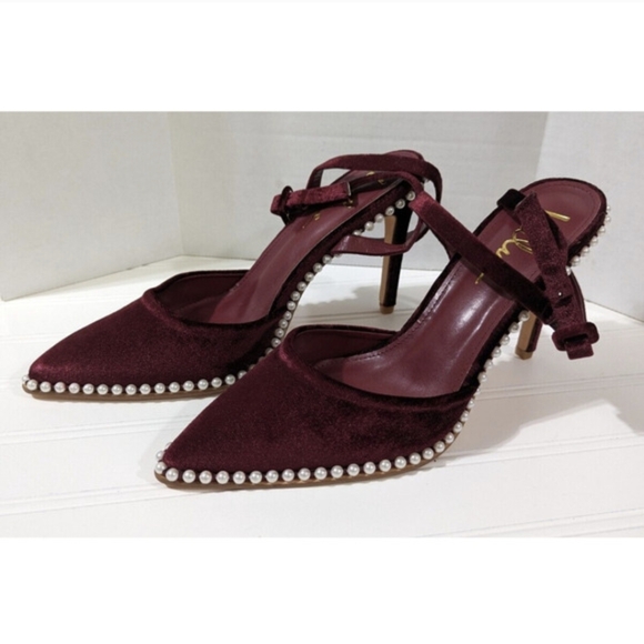 Lulus Shoes Red Velvet With Pearls High Heel Wrap Ankle Stiletto Prom Dance - Picture 4 of 9